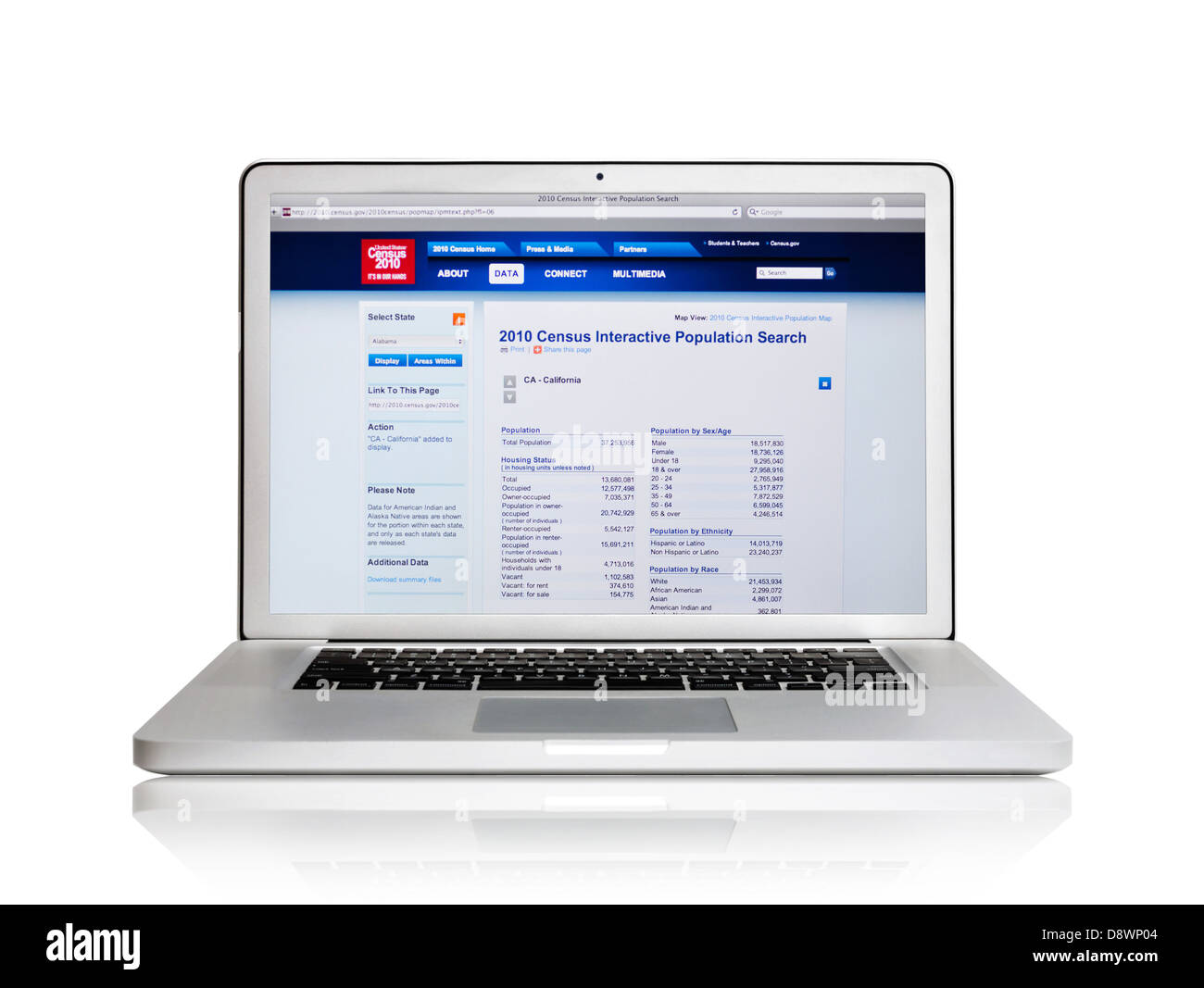 Laptop-Bildschirm zeigt interaktive Website der United States Census 2010 Stockfoto