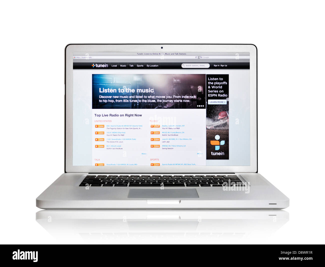 Laptop-Bildschirm zeigt Tunein Website - online-Radio-streaming Stockfoto