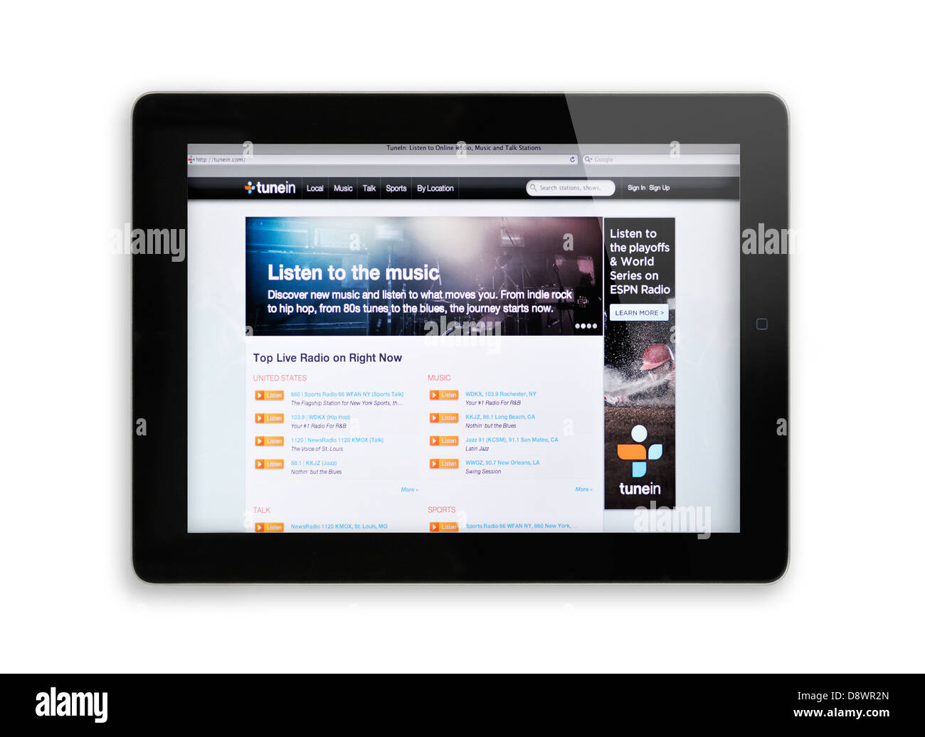 iPad-Bildschirm zeigt Tunein Website - online-Radio-streaming Stockfoto