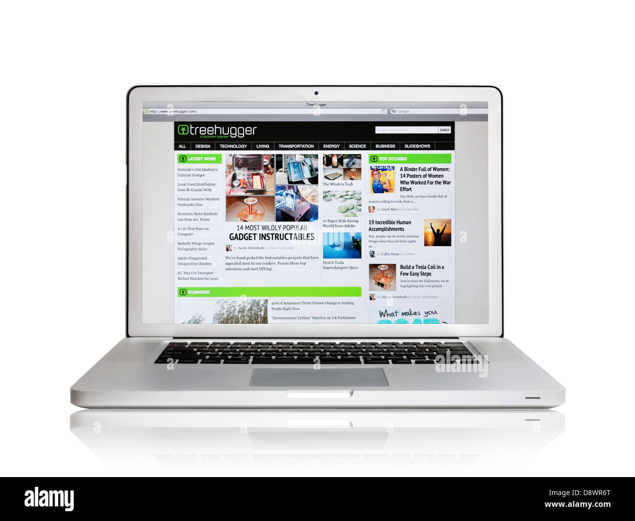 Laptop-Bildschirm zeigt TreeHugger Website - Umwelt und Nachhaltigkeitsinformationen Stockfoto