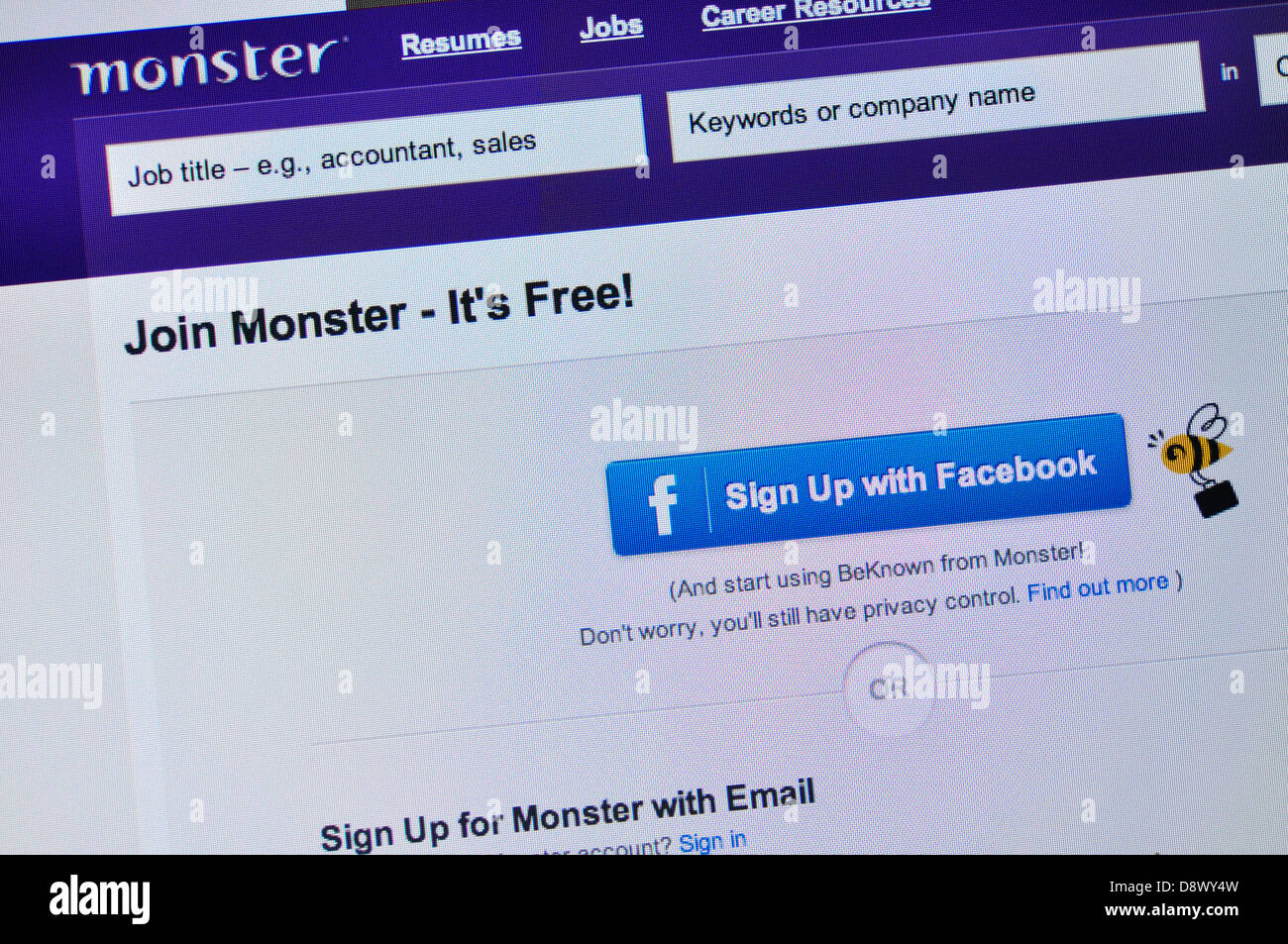 Facebook Seite registrieren Monster.com beitreten Stockfoto