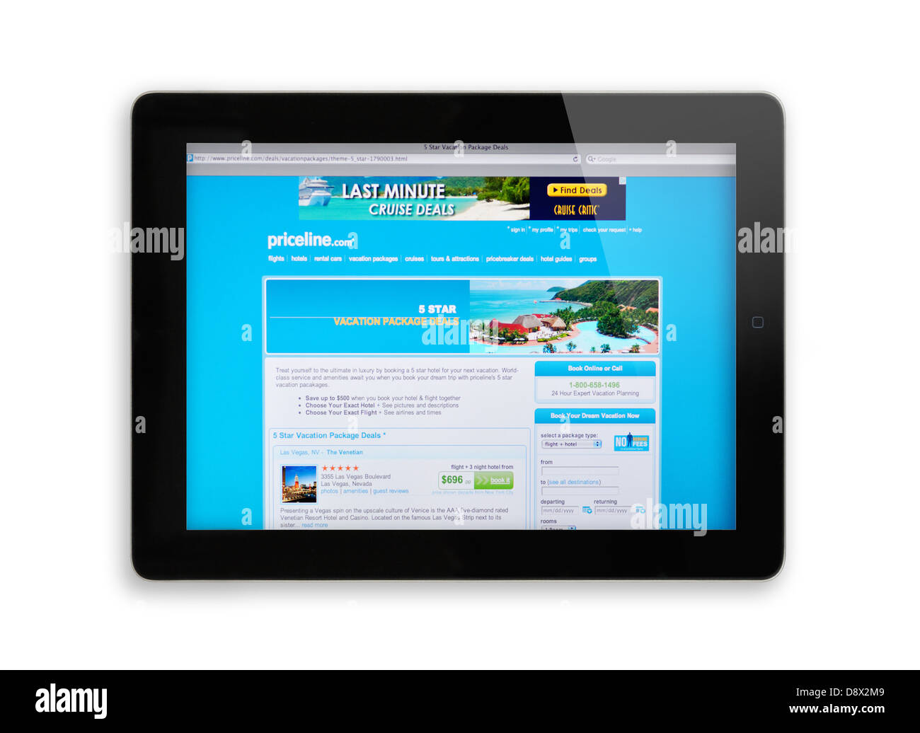 iPad-Bildschirm zeigt Priceline Website - Angebote Online-Reise Stockfoto