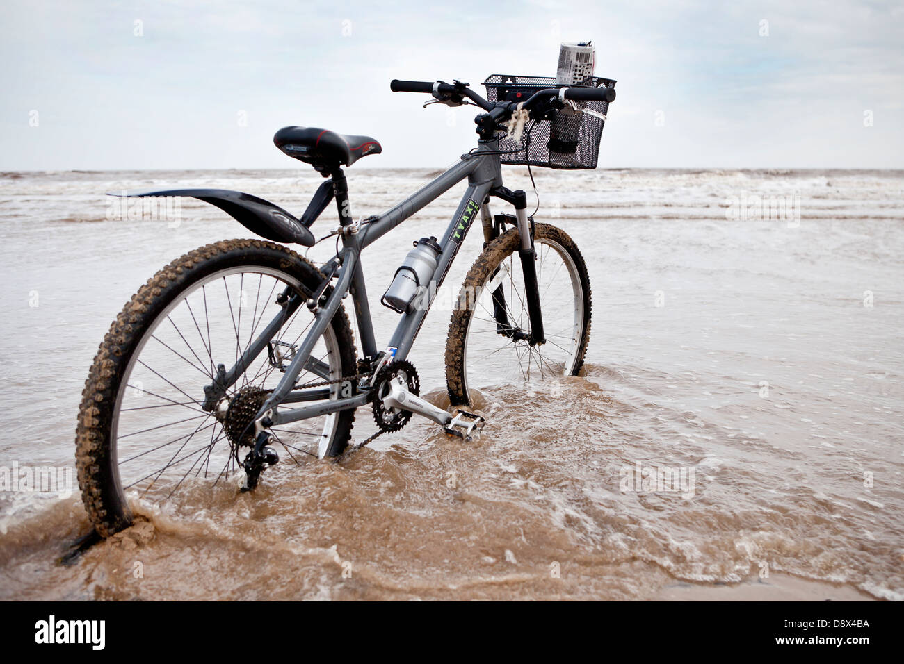 Bild von Arcanum-Serie zeigen einsame Fahrrad mit Blick auf Meer mit abgeschlossenen Kreuzworträtsel in Korb, offen für Interpretationen der Zuschauer. Stockfoto