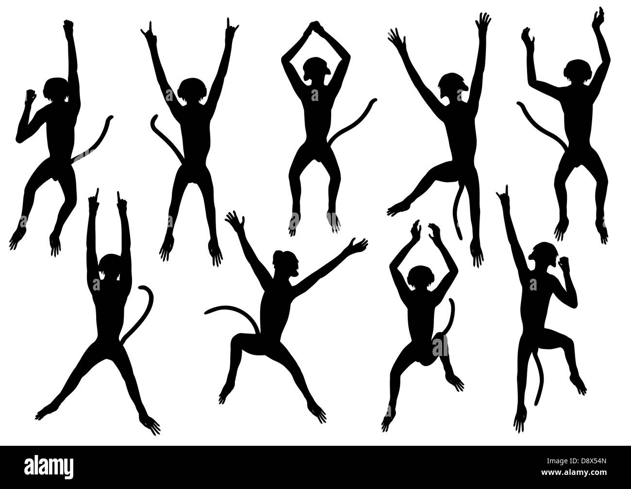 Reihe von illustrierten Silhouetten von springenden Affen Stockfoto