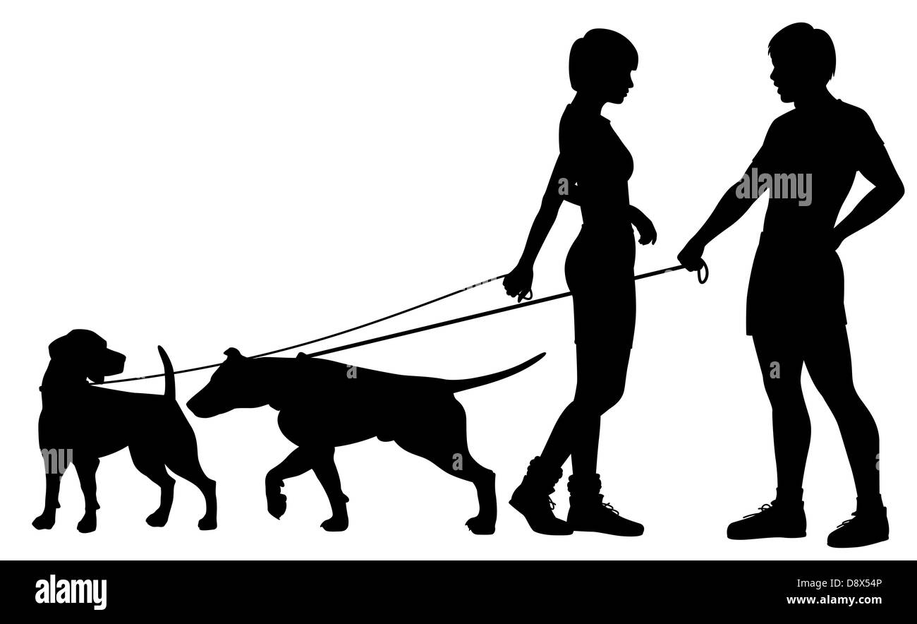 Illustrierte Silhouette von Mann und Frau und ihre Hunde Interaktion Stockfoto
