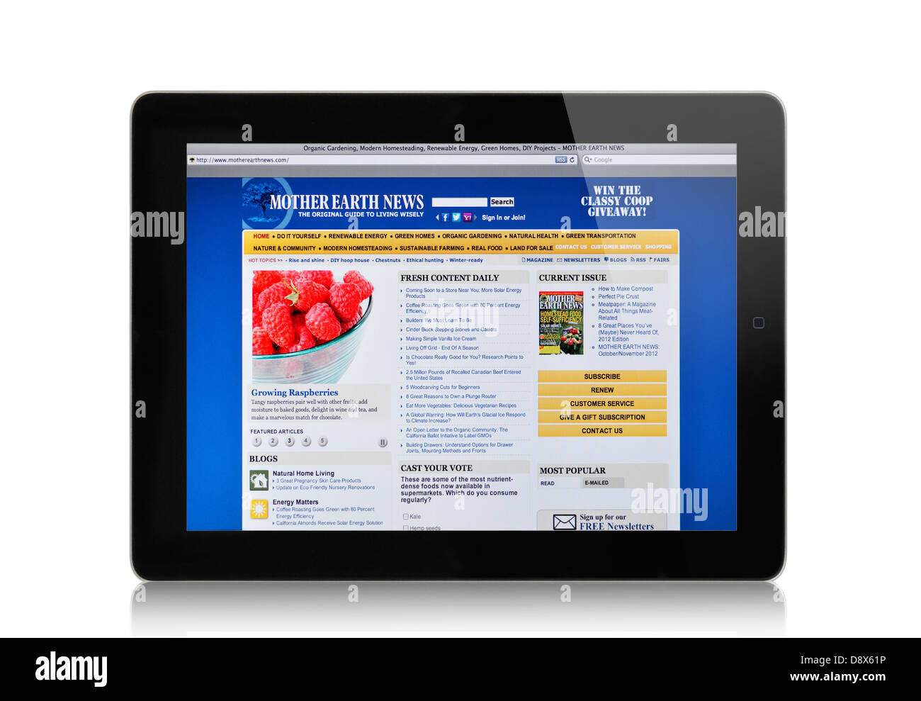 iPad-Bildschirm zeigt Mutter Erde News-Website - Online-Umweltmagazin Stockfoto