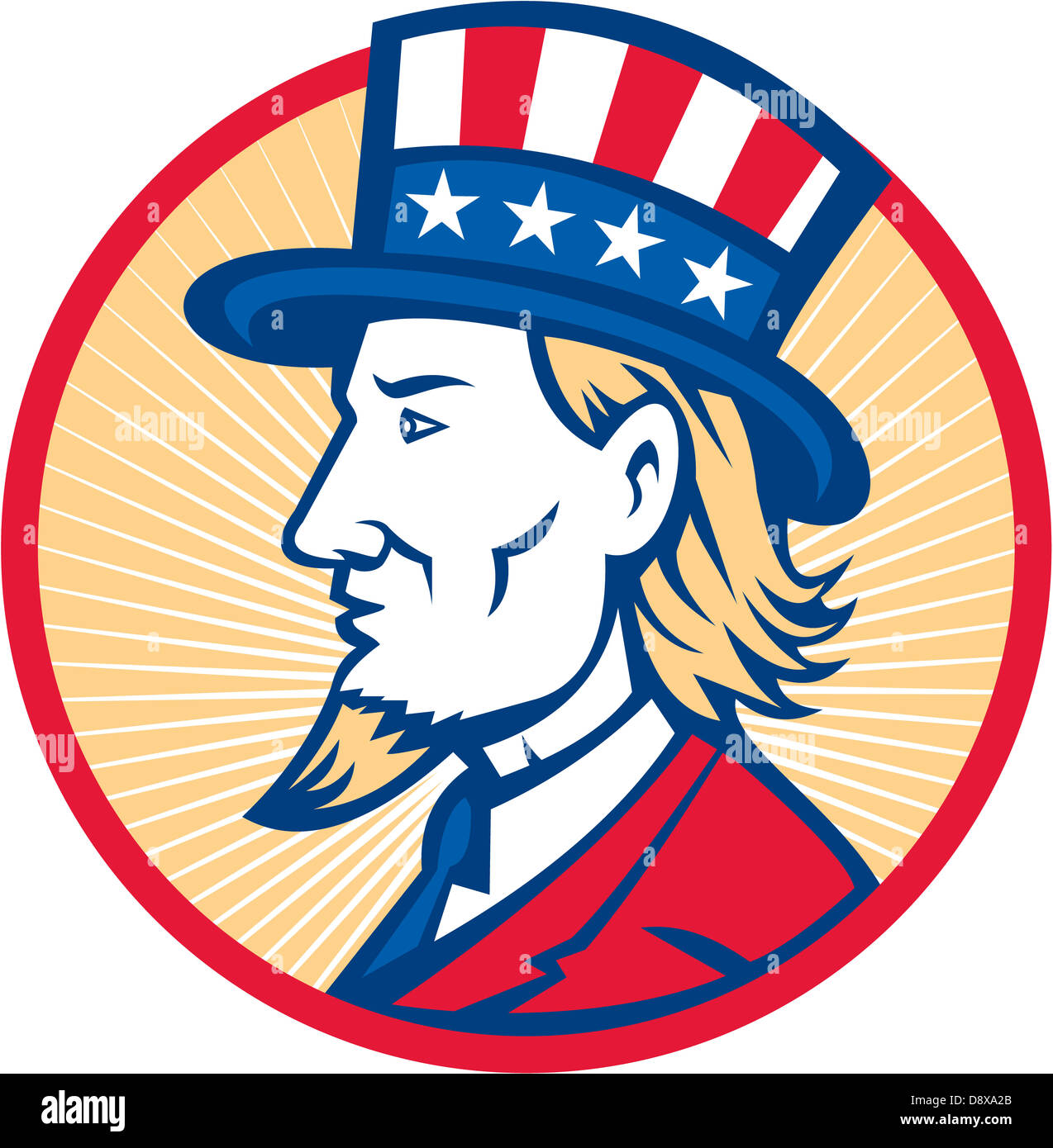 Abbildung von Uncle Sam Hut mit Sternen und Streifen amerikanische Flagge von Seite im inneren Kreis betrachtet. Stockfoto