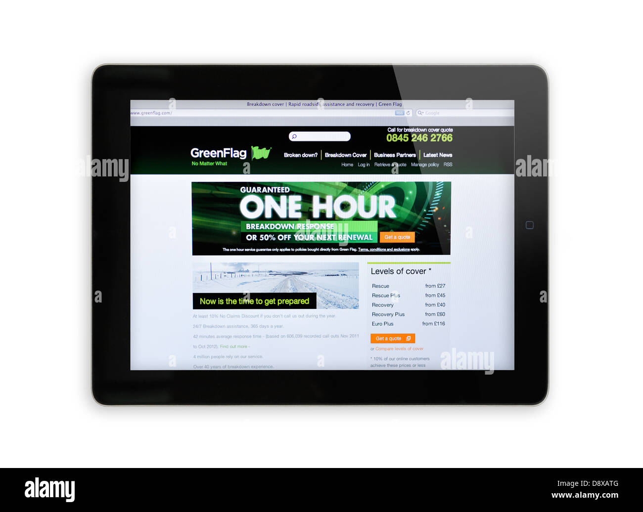 Green Flag Pannenhilfe Webseite auf dem iPad Stockfoto