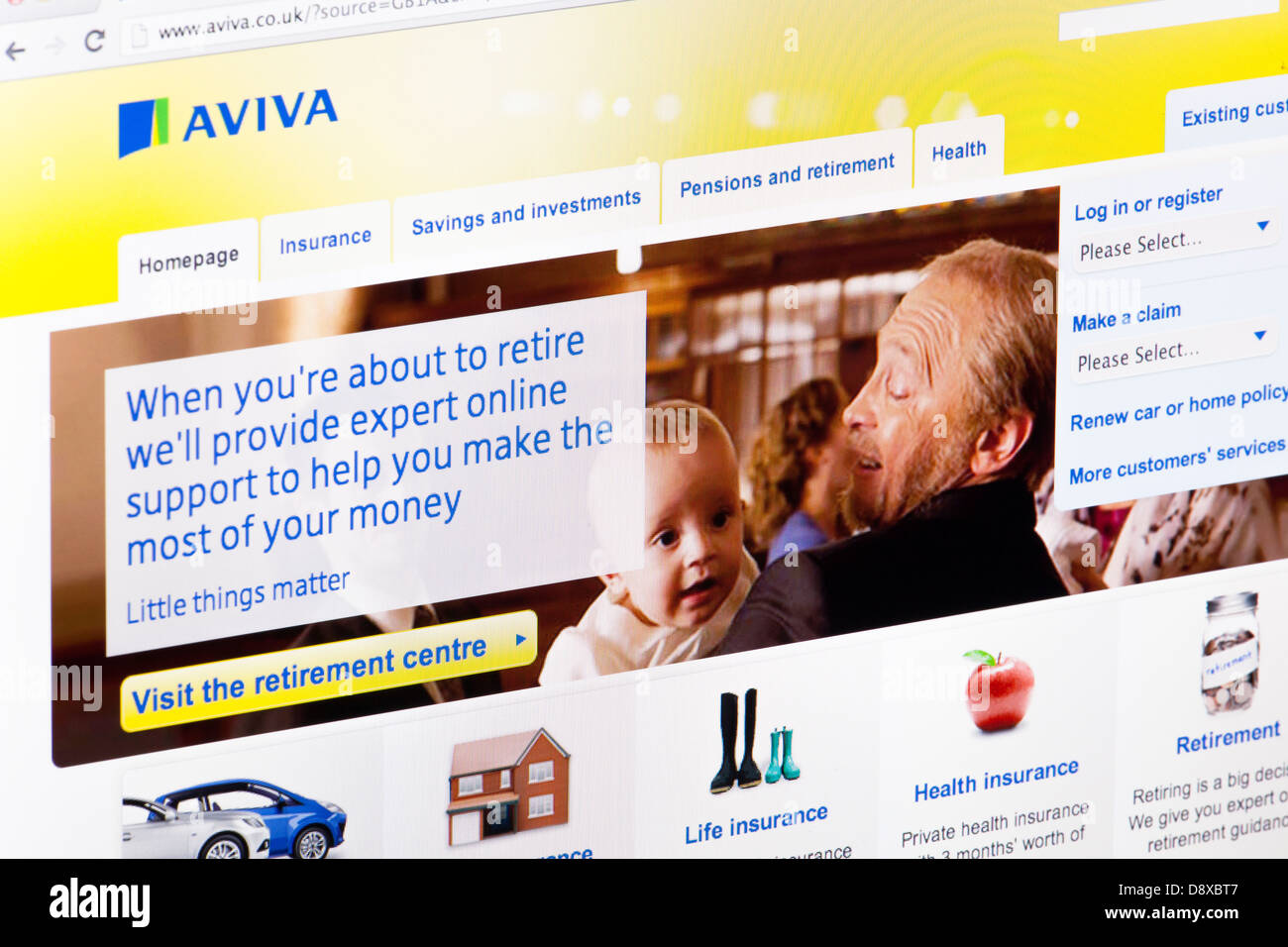 Aviva Insurance (ehemals Norwich Union) Website oder Web-Seite auf einem Laptop-Bildschirm oder Computer-monitor Stockfoto