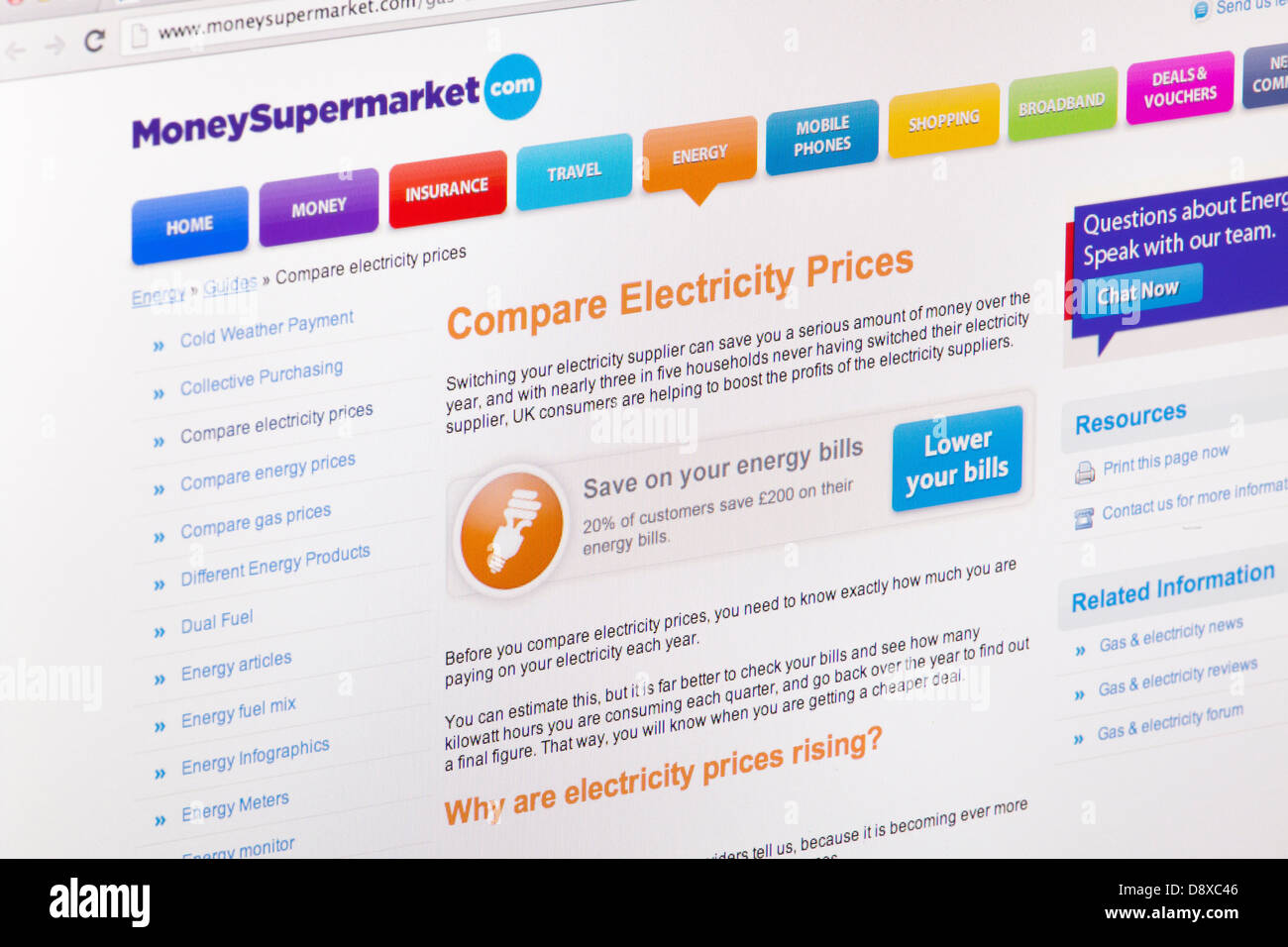 Geld Energiepreise Supermarkt vergleichen Online-Website oder Web-Seite auf einem Laptop-Bildschirm oder Computer-monitor Stockfoto