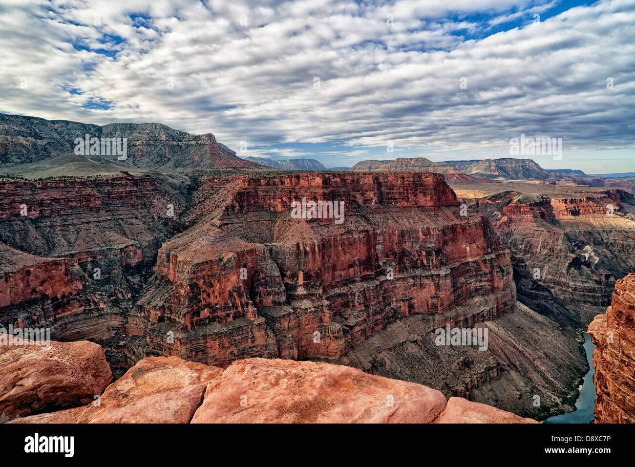 Morgenwolken oben Toroweap Overlook auf den North Rim mit dem Colorado River unterhalb in Arizona Grand Canyon Nationalpark. Stockfoto