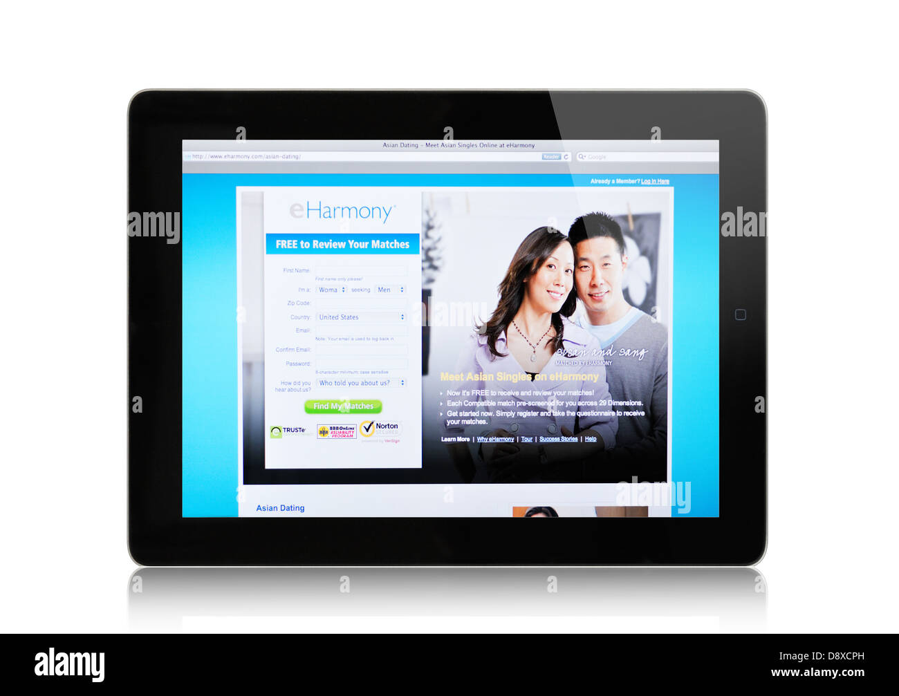 eHarmony online-dating-Webseite für Asiaten auf dem iPad Stockfoto