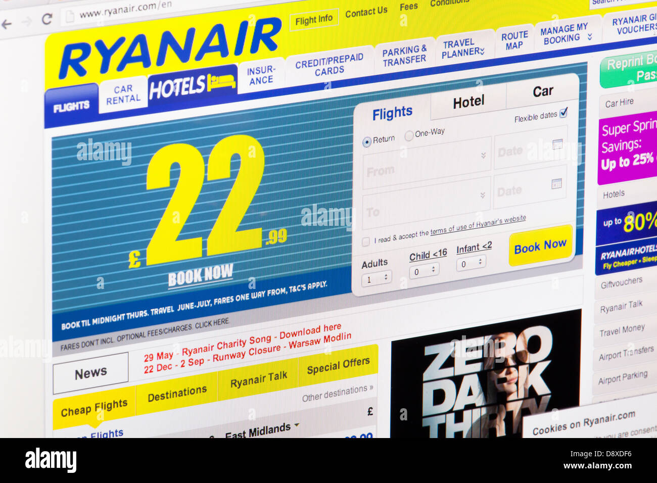 Ryanair günstige Flüge Website oder Web-Seite auf einem Laptop-Bildschirm oder Computer-monitor Stockfoto