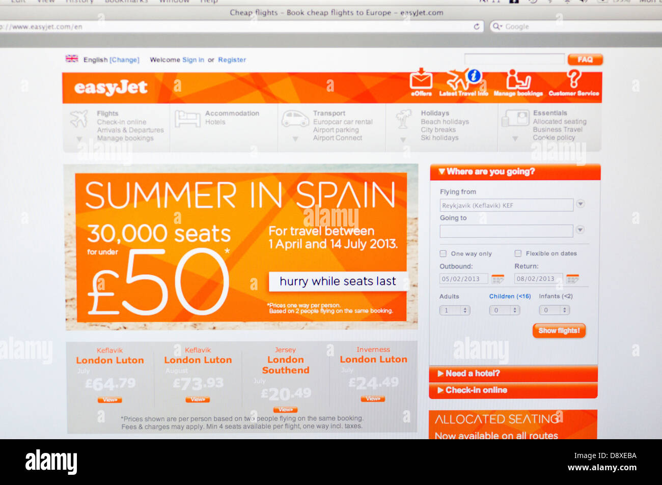 EasyJet Website - Flugtickets Online-Rabatt Stockfoto