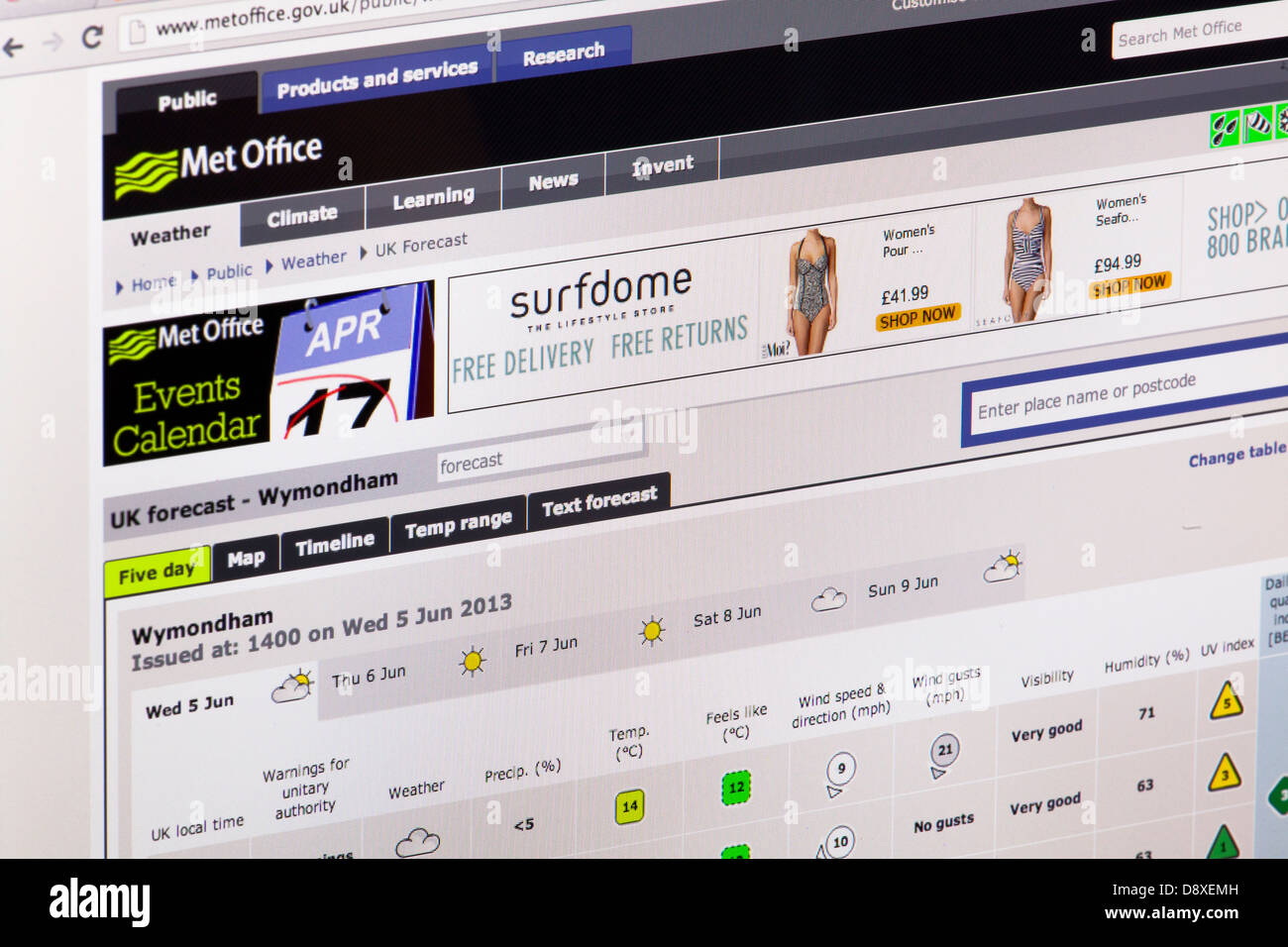 MET Office-Wetter-Website oder Web-Seite auf einem Laptop-Bildschirm oder Computer-monitor Stockfoto