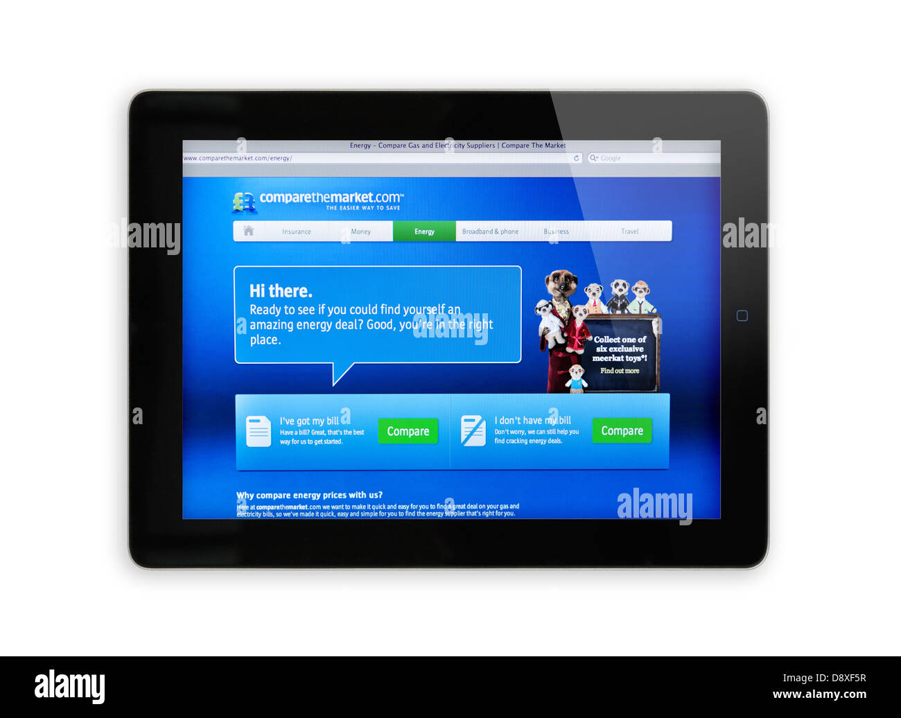 Vergleichen Sie die Markt - günstige Kfz-Versicherung Webseite auf dem iPad Stockfoto