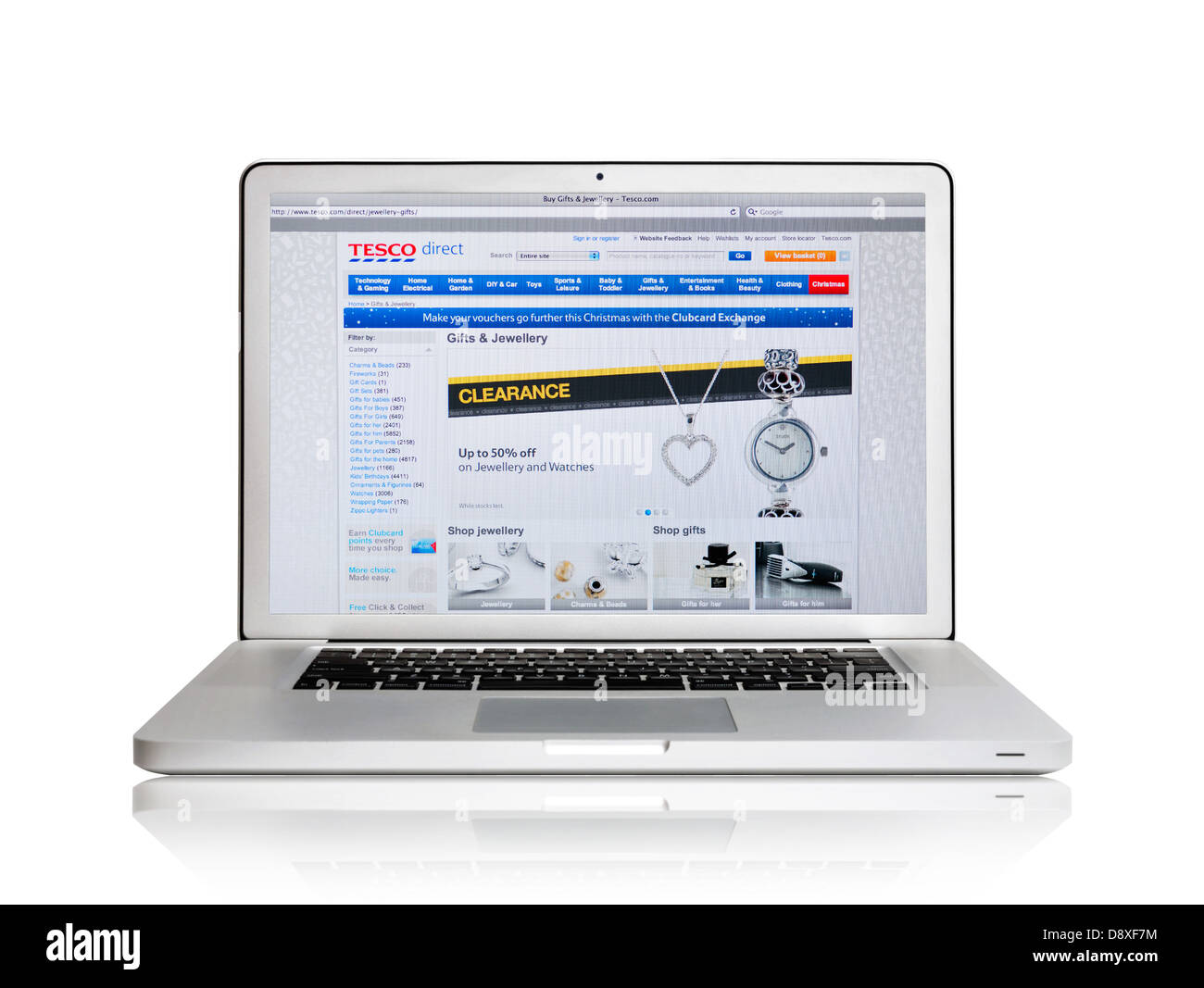 Laptop-Bildschirm zeigt Tesco Direct Webseite - online Schmuck einkaufen Stockfoto