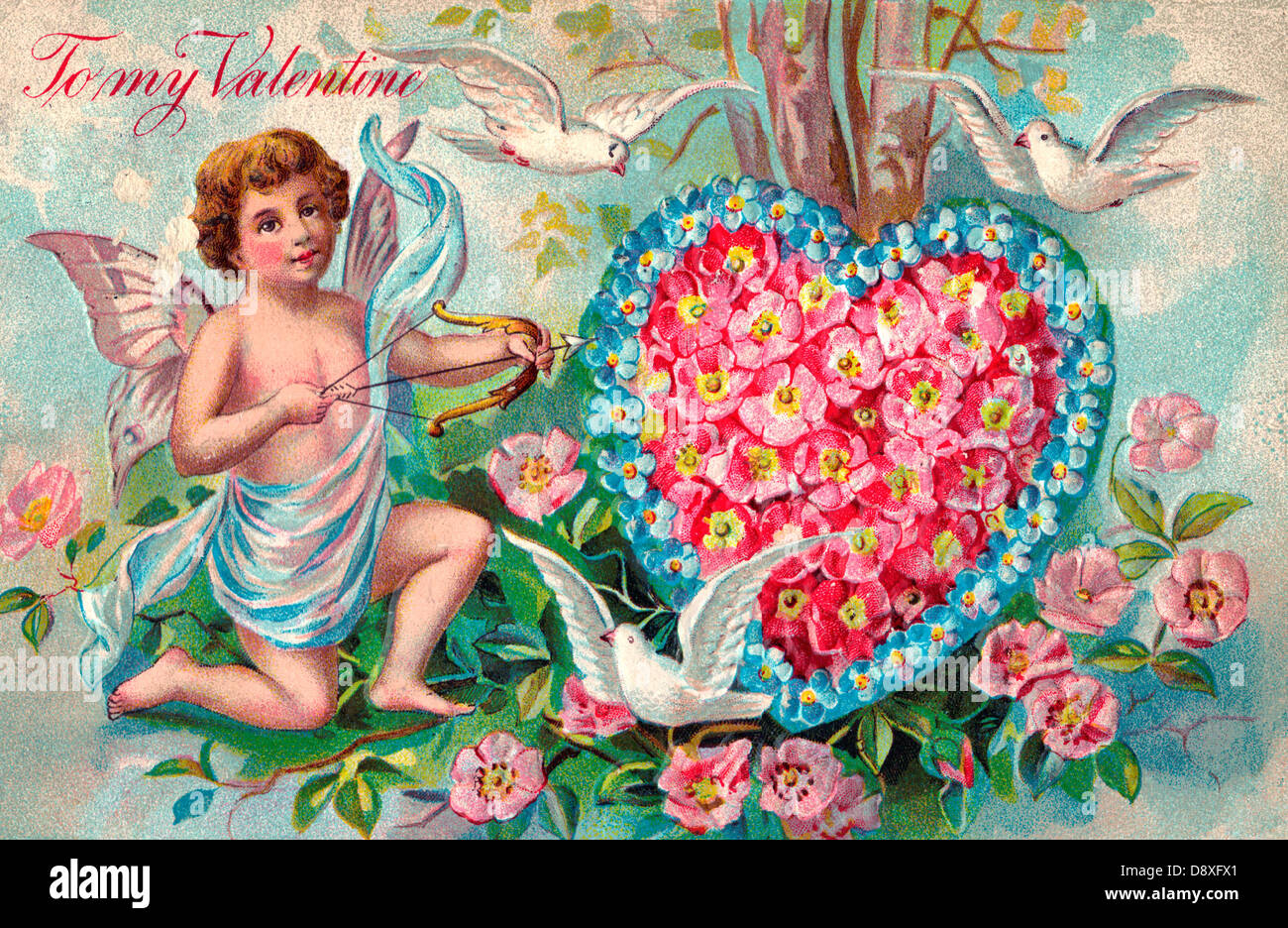 Zu My Valentine - Vintage-Karte mit Amor, floralen Herzen und Tauben Stockfoto