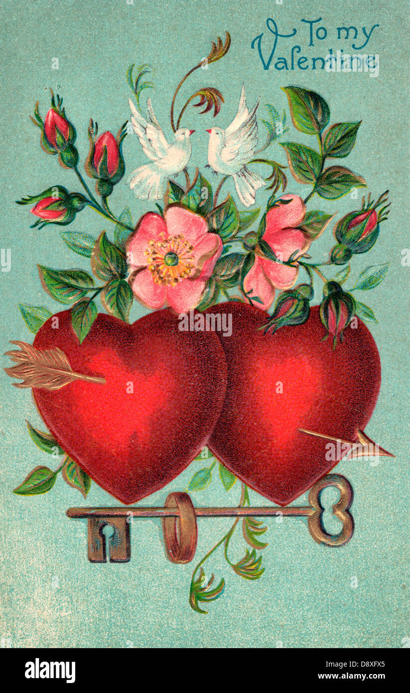 Zu My Valentine - Vintage-Karte mit Pfeil durch zwei Herzen, Schlüssel und ring Stockfoto