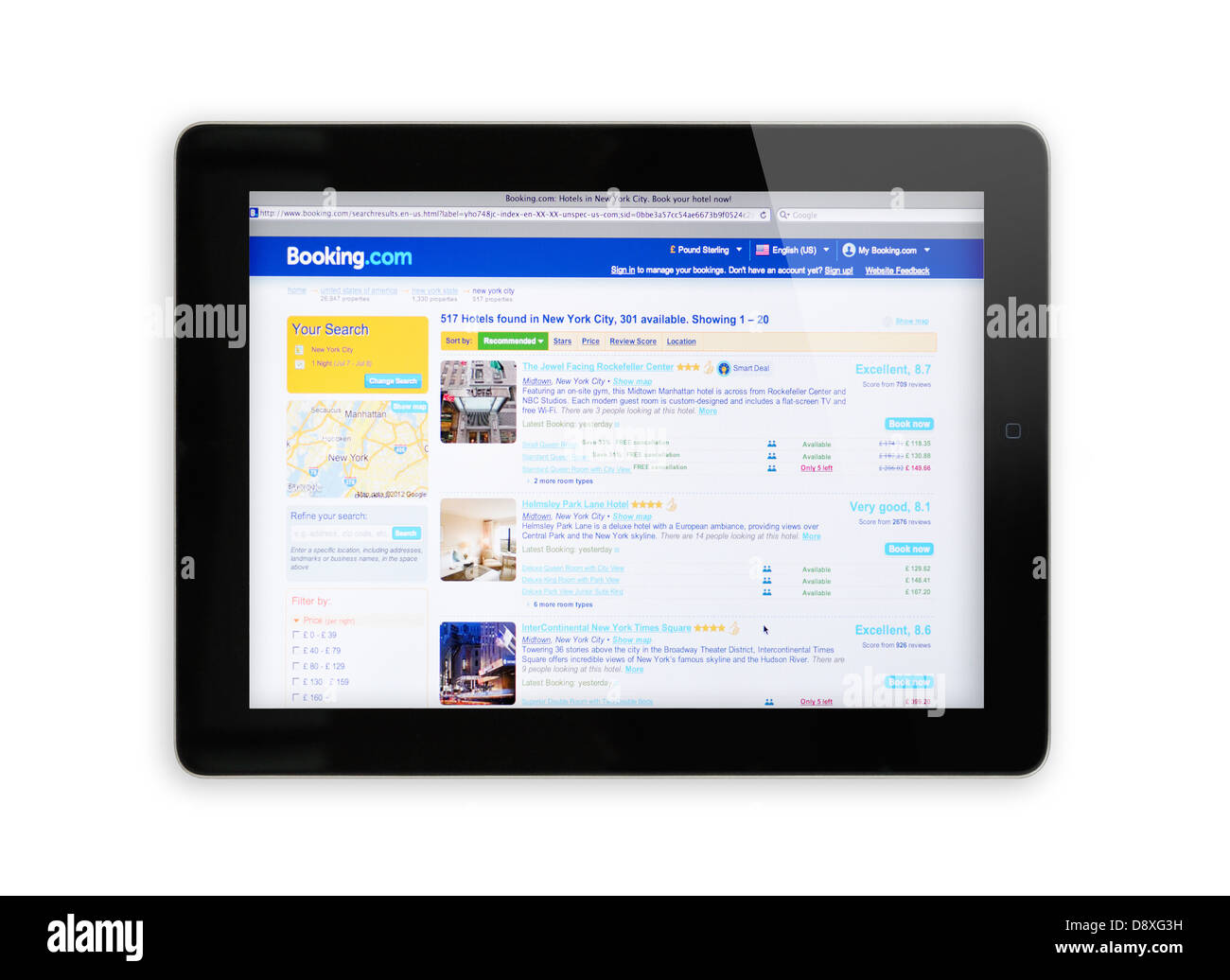 iPad-Bildschirm zeigt Booking.com Webseite - Online-Reise-arrangements Stockfoto
