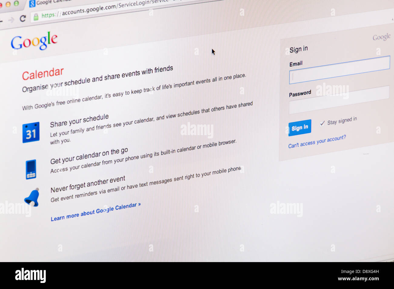Google Kalender Webseite oder Web-Seite auf einem Laptop-Bildschirm oder Computer-monitor Stockfoto
