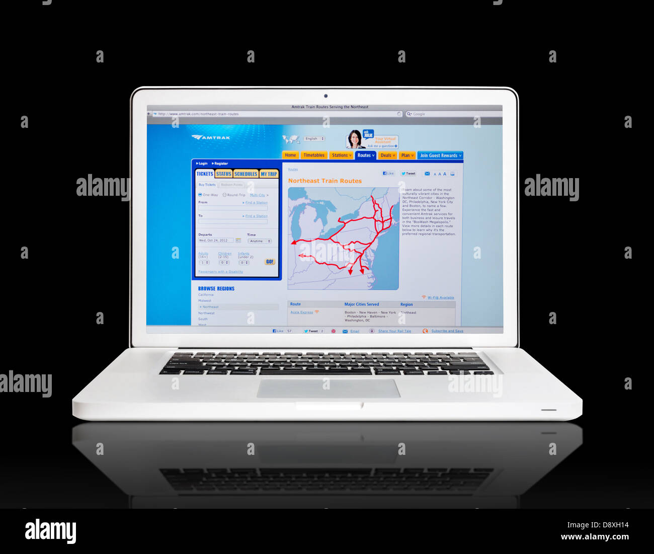 Amtrak Routen Webseite auf Laptop-Bildschirm - nordöstlich Zug Routen Stockfoto