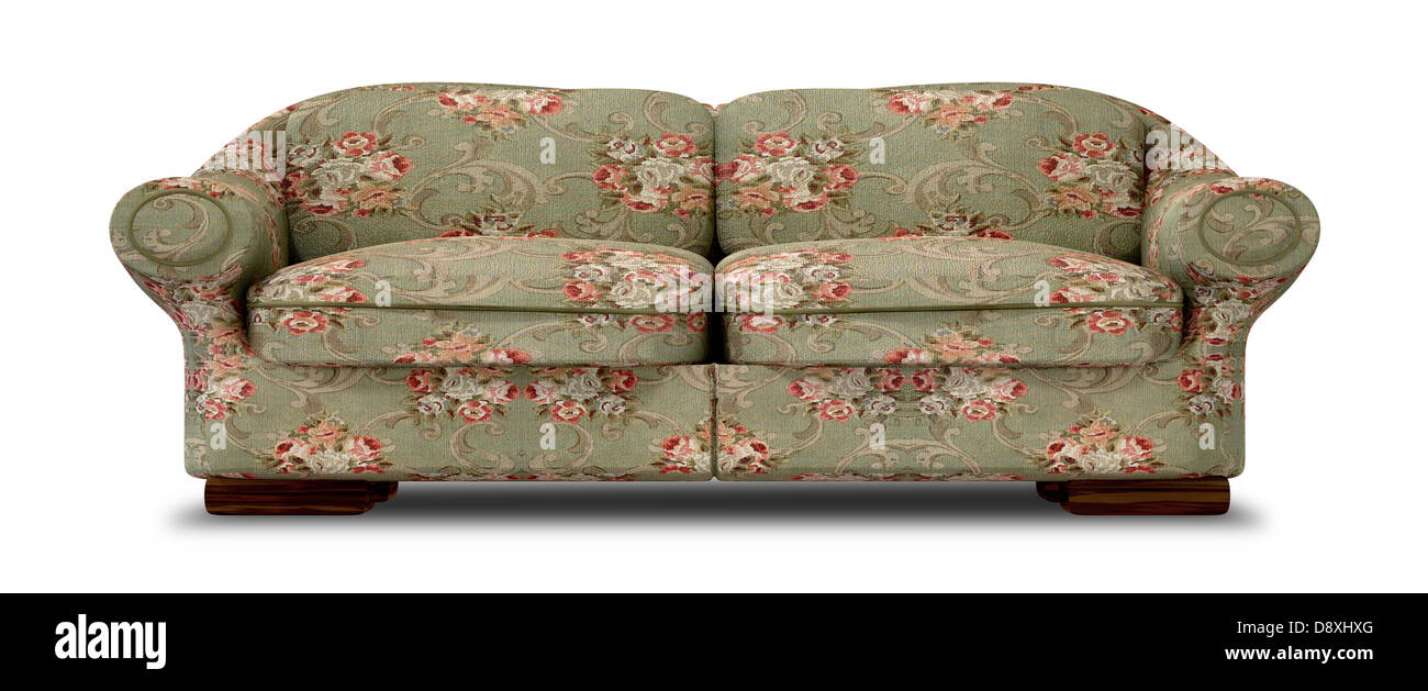 Ein Altes Vintage Sofa Mit Einem Grunen Und Roten Blumen Stoff Auf Einem Isolierten Hintergrund Stockfotografie Alamy