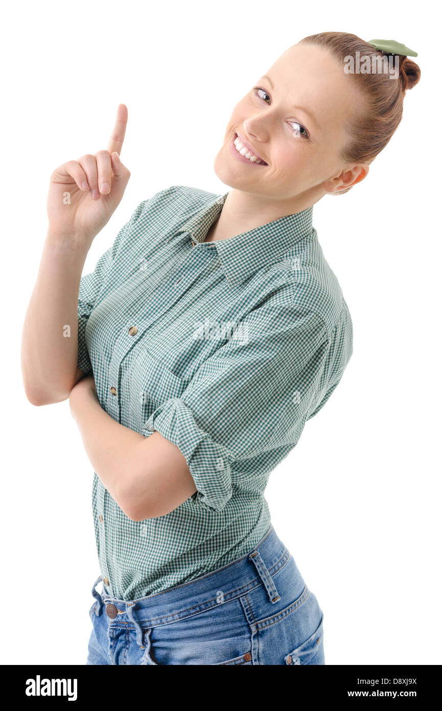 Porträt einer freundlichen jungen Frau auf weißem Hintergrund Stockfoto