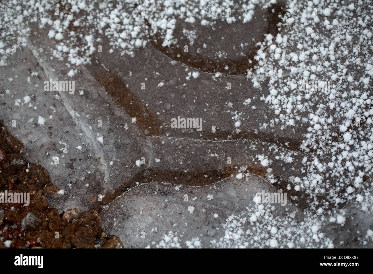 Gefrorene Pfütze auf einem ländlichen Weg. Zeigt gefallenen Hagelkörner am Boden und auf dem Eis. Stockfoto