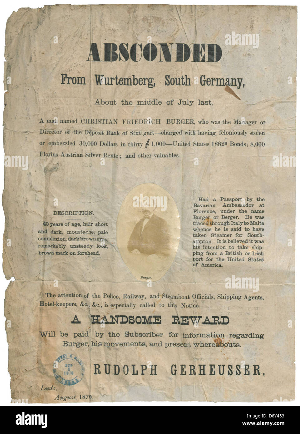 Ein Poster aus dem 19. Jahrhundert, das einen Kriminellen zeigt, der aus Wurtemberg floh. Das Archivmaterial aus Nova Scotia-Archiven erfasst die Geschichte der Kriminalität und der Strafverfolgung. Stockfoto
