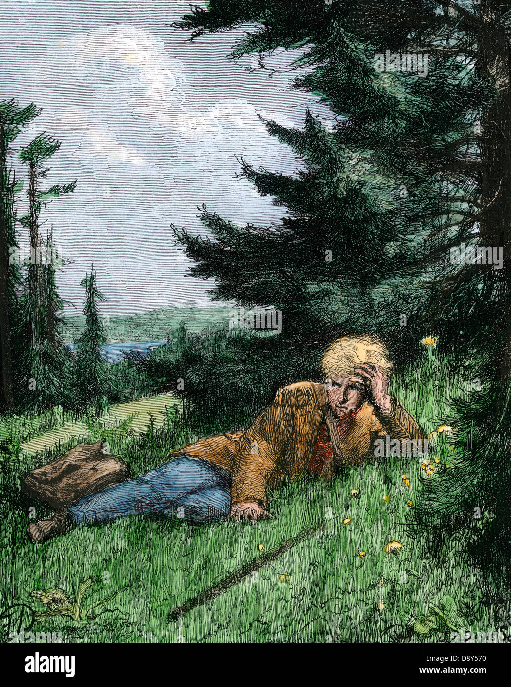 Man ruht auf einem grasbewachsenen Hügel. Hand - farbige Holzschnitt Stockfoto