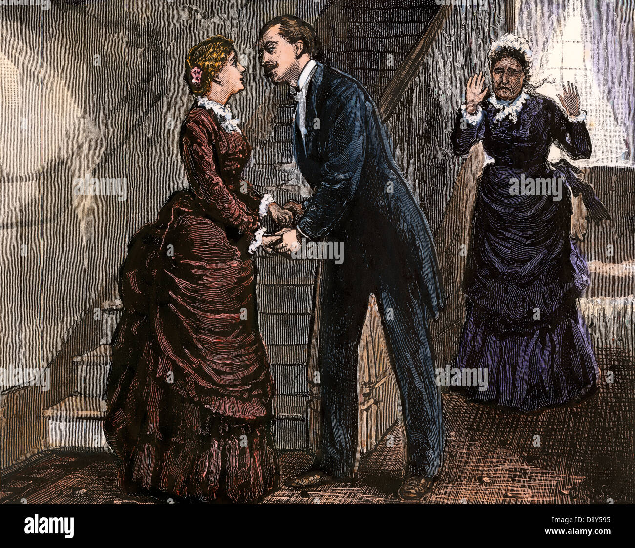 Mann lehnte sich eine junge Frau zu küssen, überraschend eine ältere Frau, 1870. Hand - farbige Holzschnitt Stockfoto