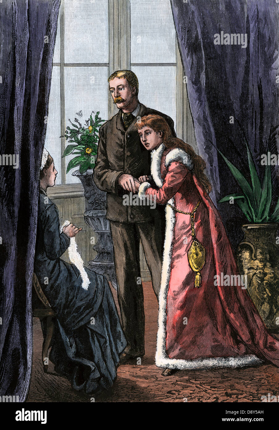 Junges Paar ihre Absichten bei der Bekanntgabe an die Mutter, 1880. Hand - farbige Holzschnitt Stockfoto