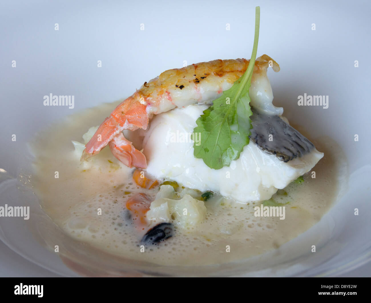 Nouvelle Cuisine Gourmet-Fisch und Garnelen Gericht Stockfoto