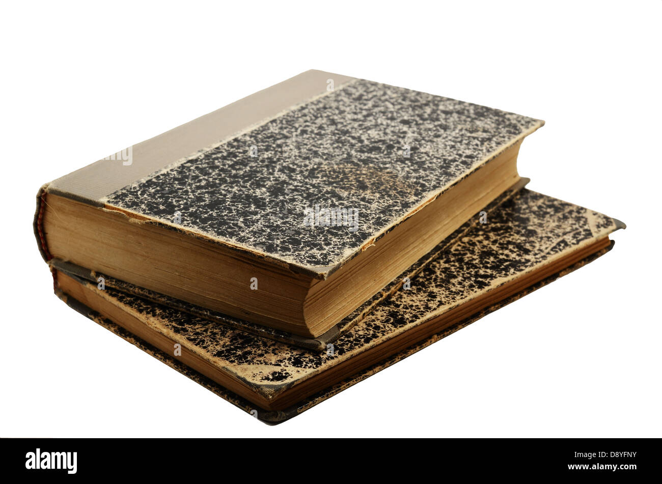 zwei alte Vintage Bücher über weißem Hintergrund Stockfoto