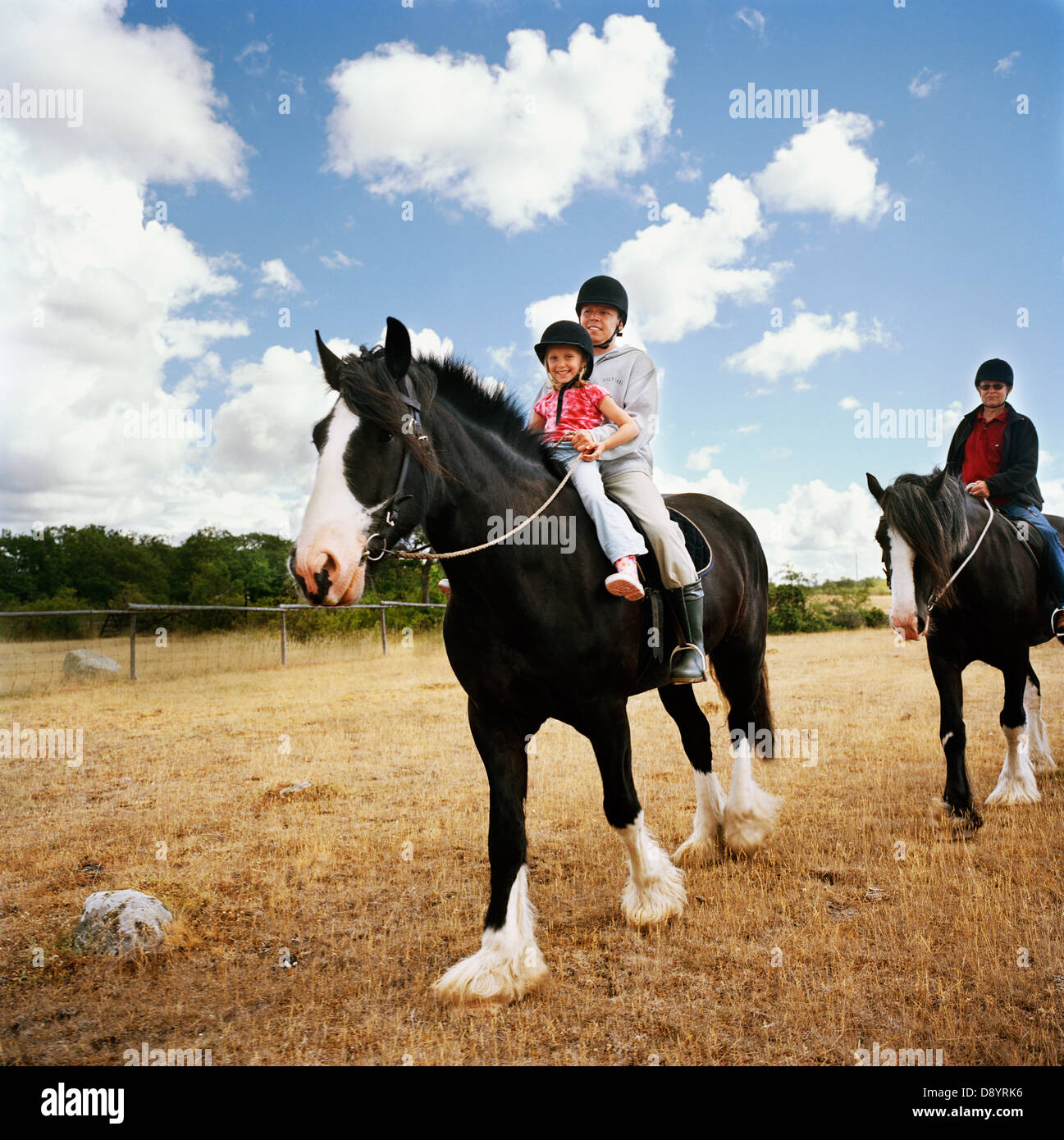 Zwei Kinder auf einem Pferd. Stockfoto