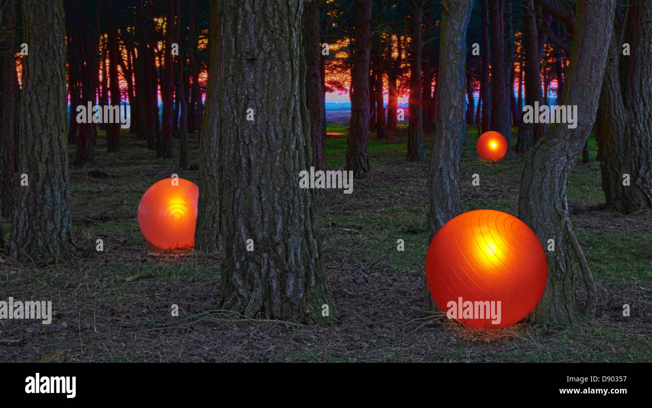 Leuchtende orange Kugeln von Bäumen im Wald, eine mystische Bedeutung abstraktes Stockfoto