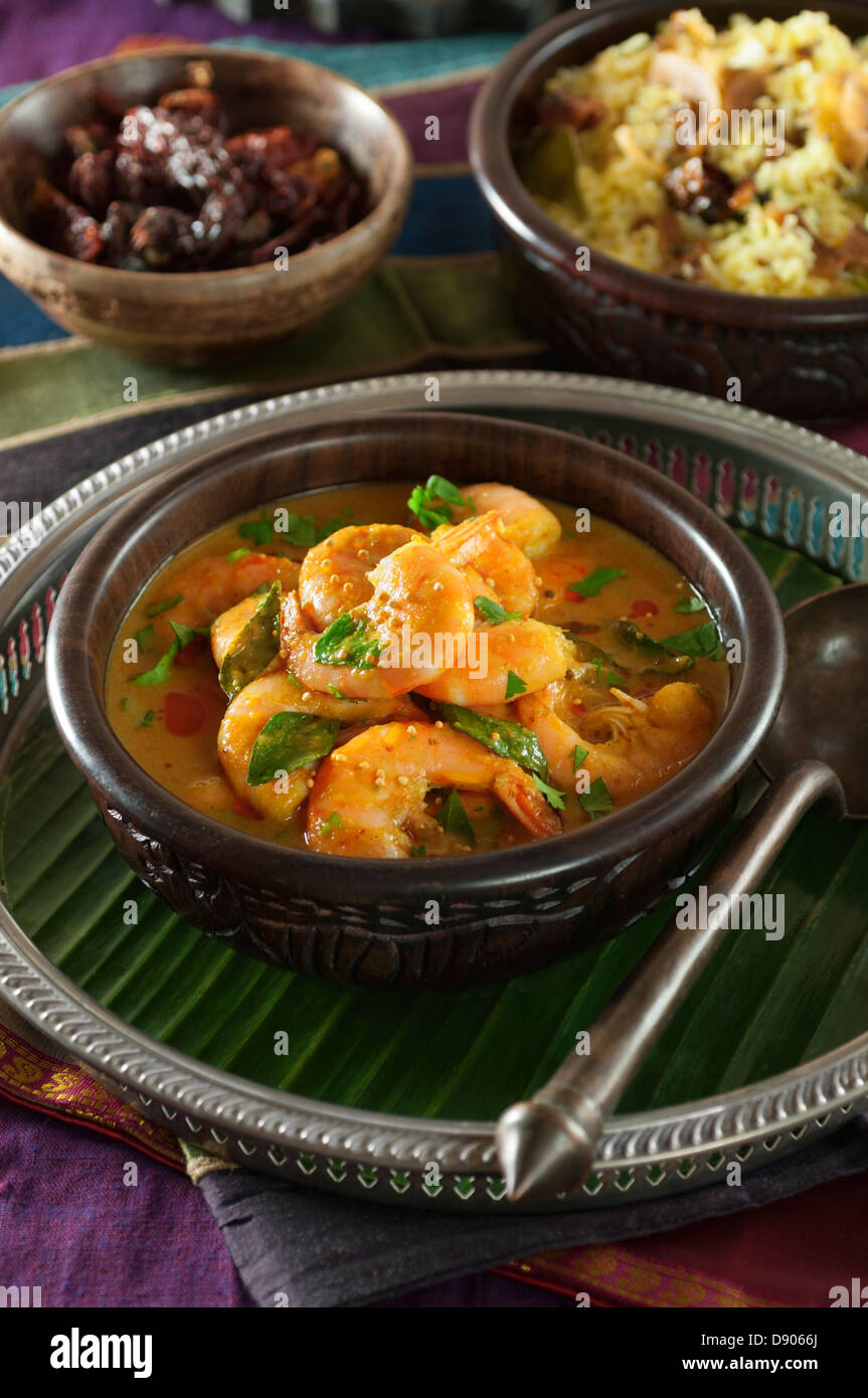 Chettinad Garnelecurry. Garnelen gekocht mit Curryblätter, Tamarinde und Kokos. Tamil Nadu Indien Essen Stockfoto