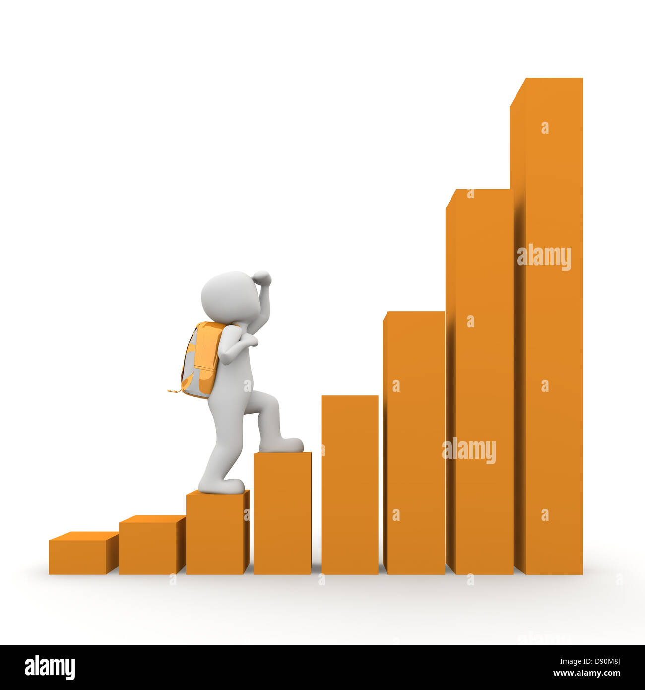 Der Charakter versucht, das orange Diagramm klettern. Stockfoto