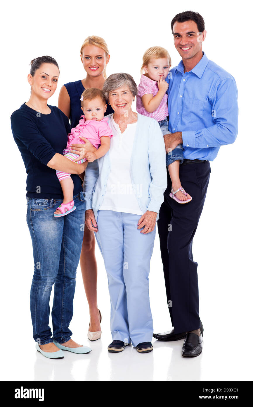 Porträt der glückliche Großfamilie isoliert auf weißem Hintergrund Stockfoto