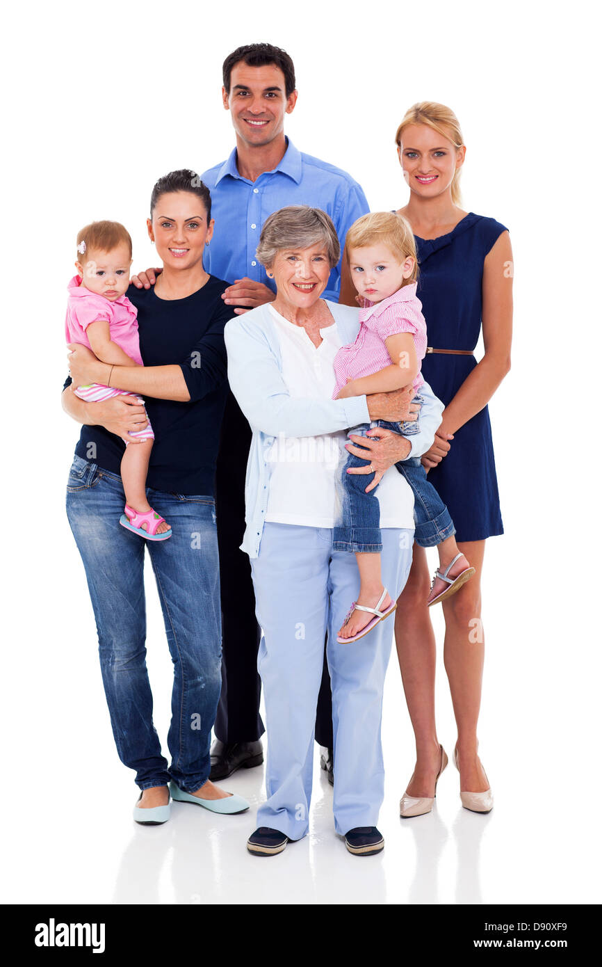 Studioportrait Großfamilie auf weißem Hintergrund Stockfoto