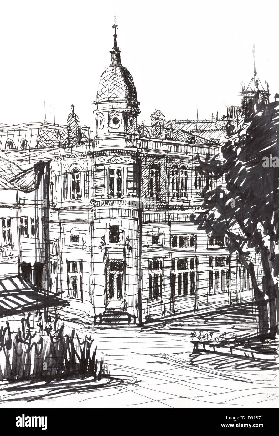 Eine Tinte-Grafik, Zeichnung von einem alten denkmalgeschützten Gebäude in Ruse, Bulgarien. Im Alter von 14 Jahren gemalt. Stockfoto