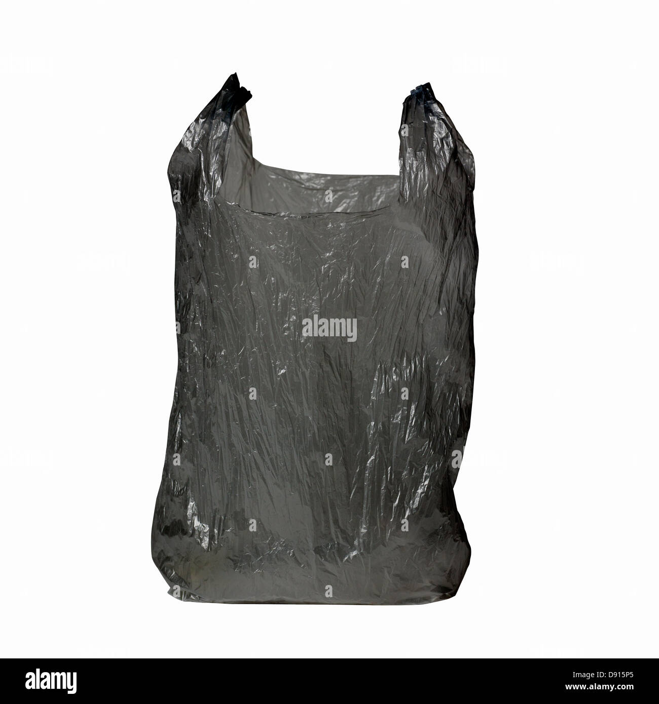 Schwarze Plastiktüte auf weißem Hintergrund Stockfoto