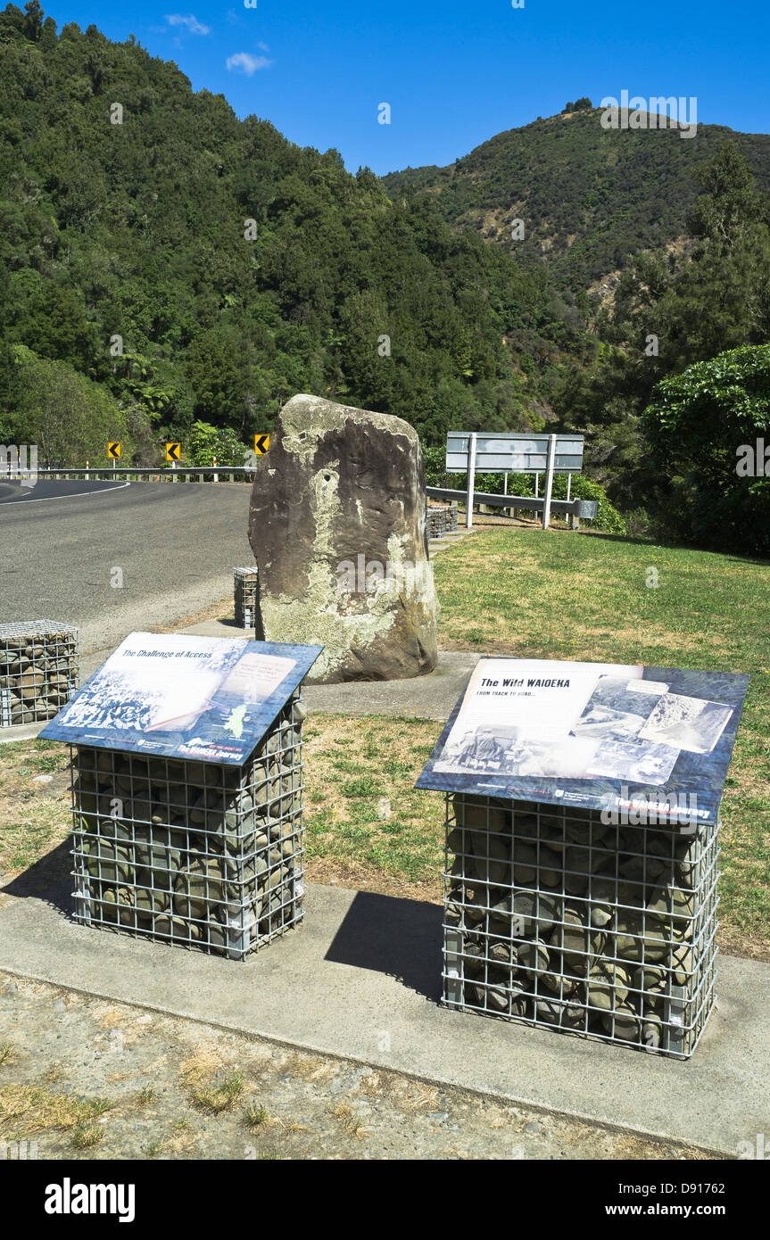 dh WAIOEKA GORGE NEW ZEALAND Waioeka Gorge Denkmal Schautafeln Stockfoto