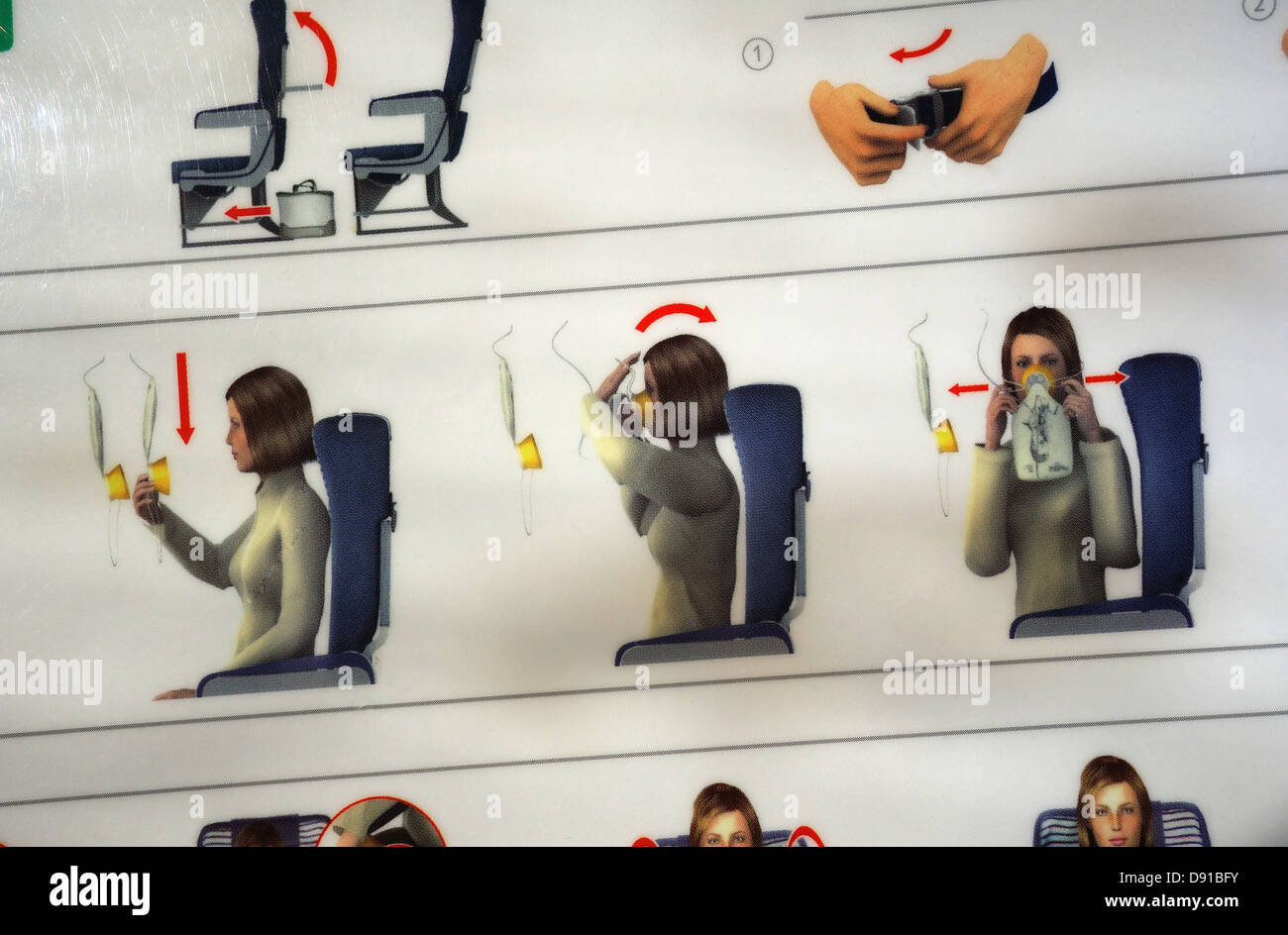 Sicherheitshinweise für die Verwendung von Sauerstoff-Maske auf einen Flug. Stockfoto