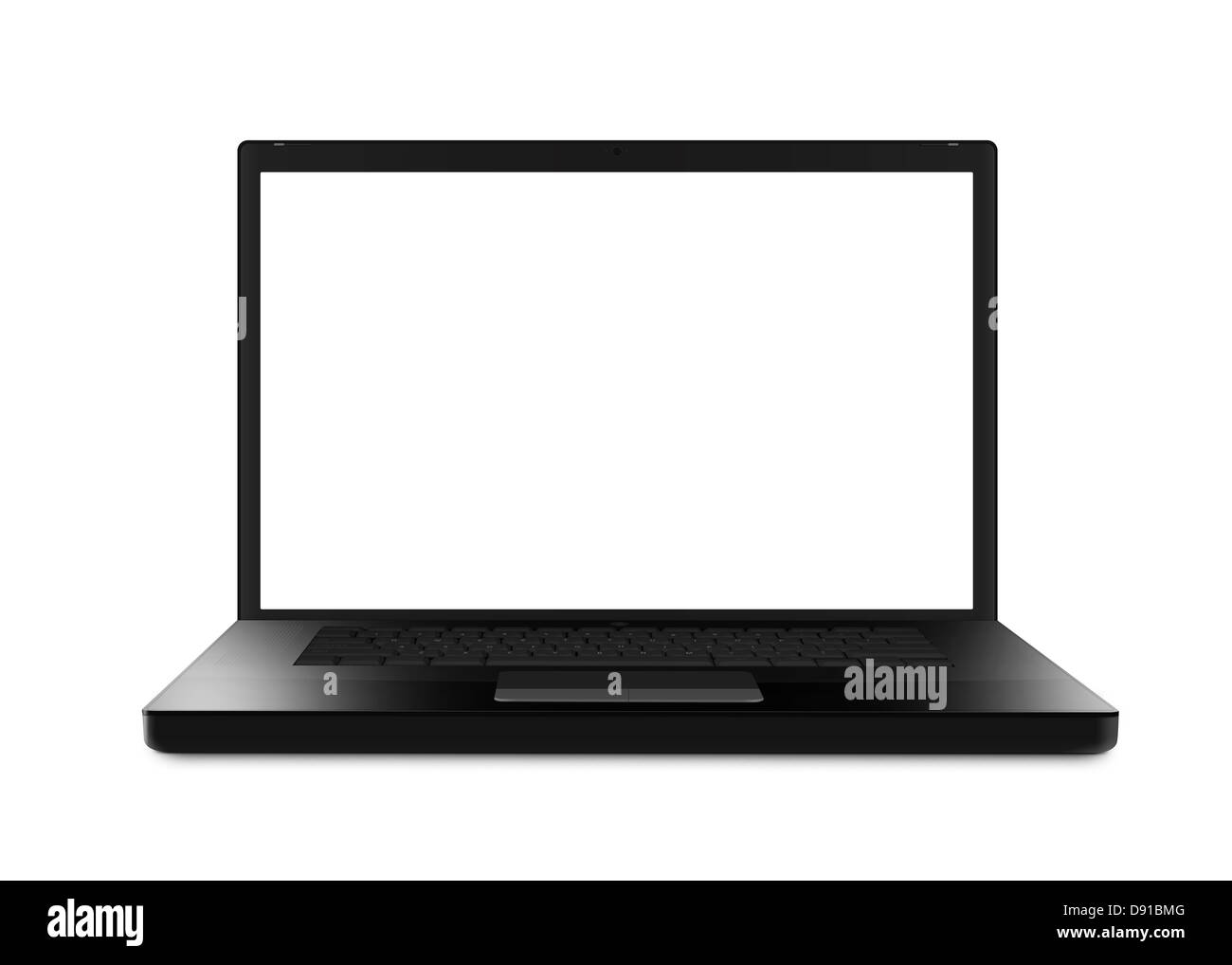 Schwarz-Laptop-Computer mit Beschneidungspfad. Isoliert mit einem weißen Schirm auf weißem Hintergrund. Stockfoto