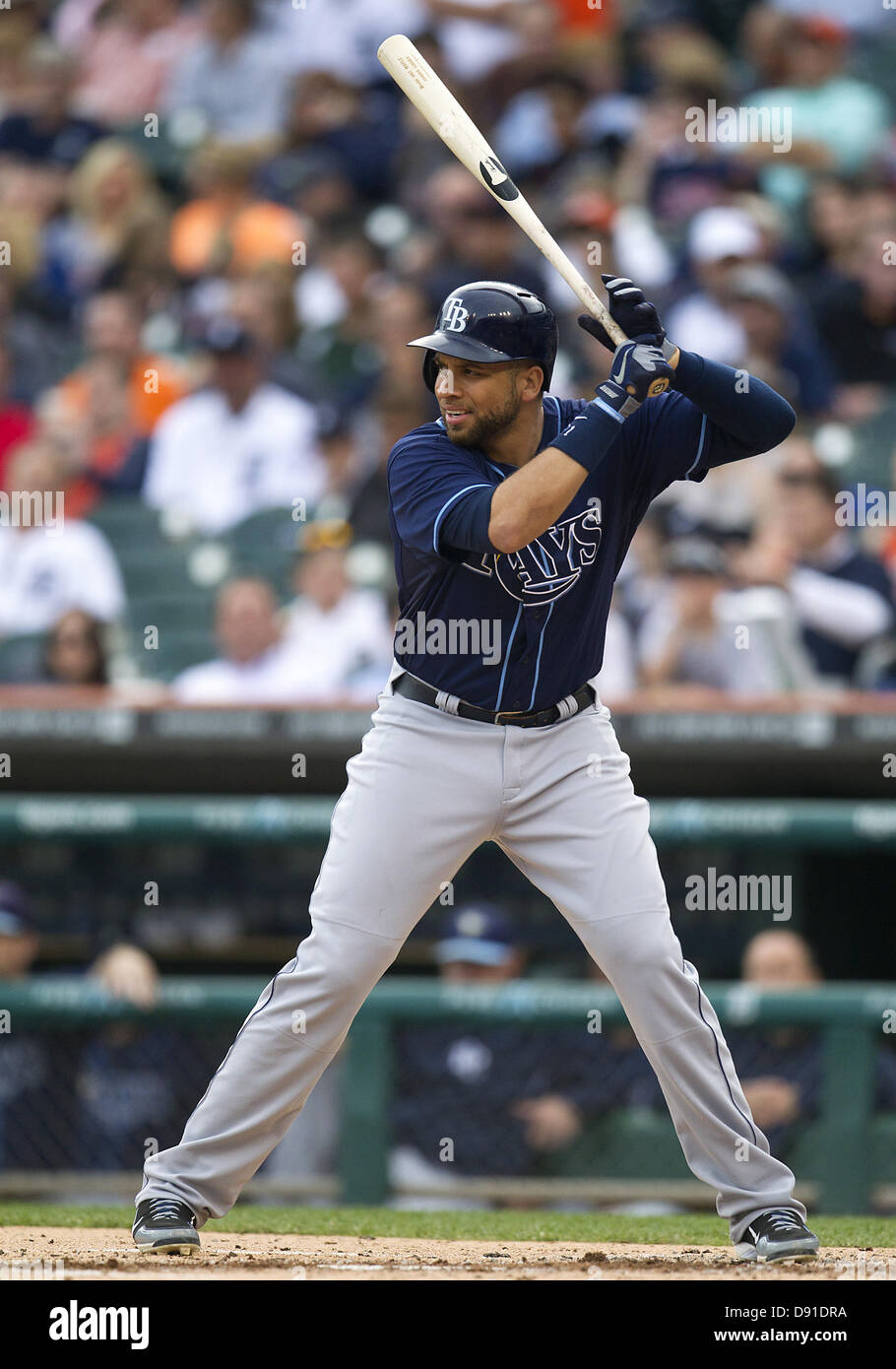 5. Juni 2013 - Detroit, Michigan, Vereinigte Staaten von Amerika - 5. Juni 2013: Tampa Bay Rays erster Basisspieler James Loney (21) an bat bei MLB Spielaktion zwischen den Tampa Bay Rays und die Detroit Tigers im Comerica Park in Detroit, Michigan. Die Strahlen besiegten die Tigers 3: 0. Stockfoto