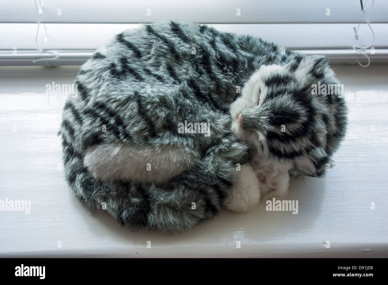 Realistisches Spielzeug Katze schlafend im Fensterbrett Stockfoto