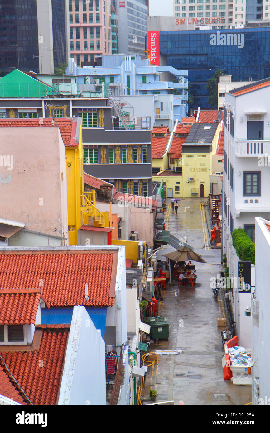 Singapore Little India, Gebäude, Gasse, Luftaufnahme von oben, Blick auf die Dachterrasse, Lehmziegel, Dach, Sing130206006 Stockfoto