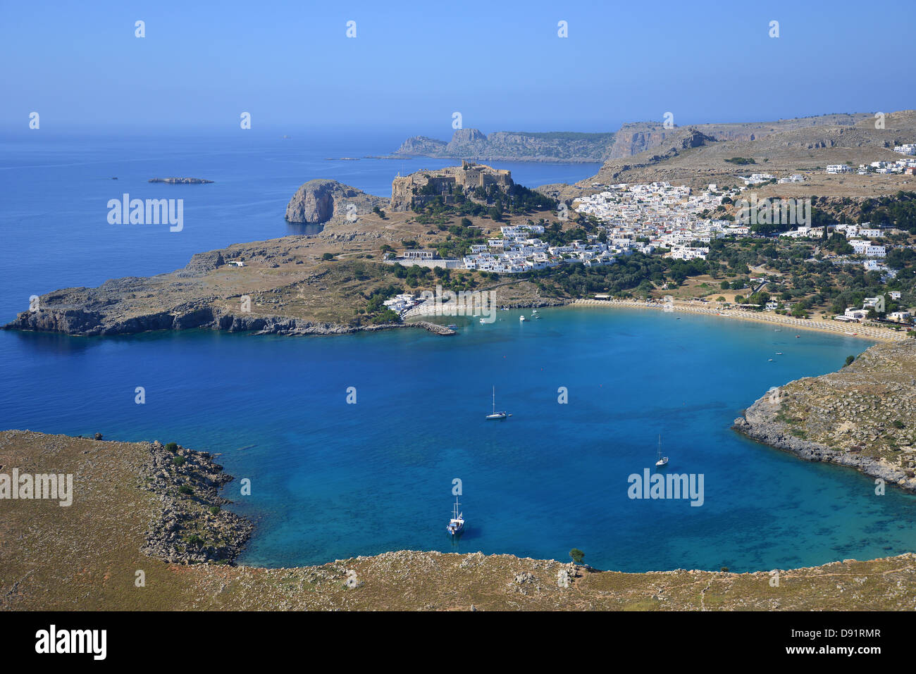 Luftaufnahme von Lindos, Rhodos (Rodos), die Dodekanes, South Aegean Region, Griechenland Stockfoto